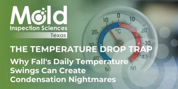 A thermometer displaying a low temperature is overlaid with text about mold inspections in Texas, highlighting how fall temperature swings can trigger condensation and the need for prompt mold investigation.