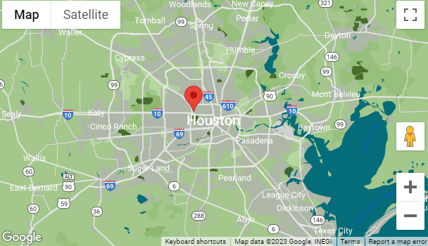Map of Houston, Texas, showing major highways, including I-10, I-45, and I-610, with inspection points in Katy and Sugar Land. A red pin marks a central location in downtown Houston for further investigation.