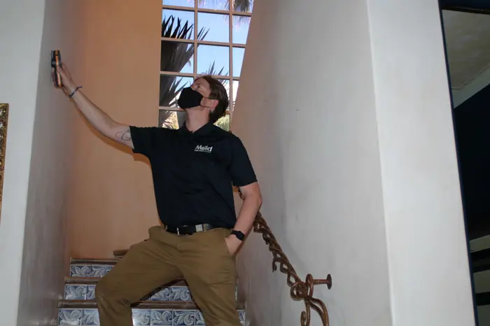 A person wearing a dark shirt and mask stands on tiled stairs, holding a device for mold inspection toward the ceiling. Sunlight filters through a window above, casting shadows on the wall.
