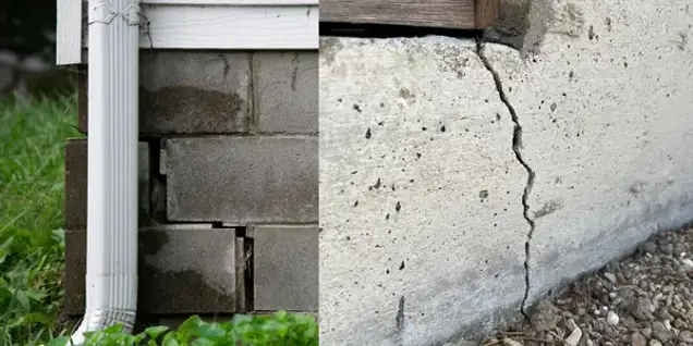 Split image showing foundation damage: on the left, cracked bricks near a white downspout; on the right, a vertical crack in a concrete foundation wall close to the ground—ideal spots for inspection and further investigation.