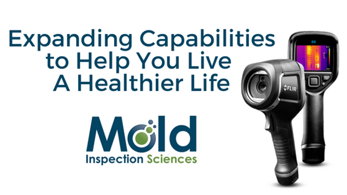 A thermal imaging camera is displayed beside the text Expanding Capabilities to Help You Live a Healthier Life, and the logo Mold Inspection Sciences highlights their commitment to advanced inspection techniques for better health outcomes.