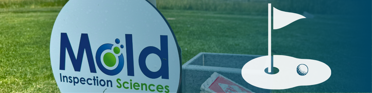 Close-up of a sign reading Mold Inspection Sciences on a grassy field. To the right, a graphic of a golf hole with a flagstick and golf ball, subtly highlighting their expertise in mold assessment services.