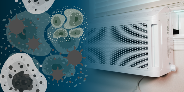 A window air conditioner on the right, with illustrated germs and bacteria on the left, suggesting the concept of air contamination or filtration through assessment and testing.