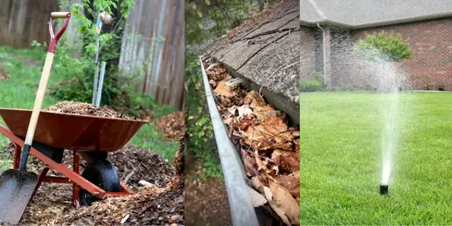 A shovel in a wheelbarrow with mulch, a gutter filled with leaves and debris—ideal spots for mold growth—highlight the need for regular investigation and testing, as a sprinkler sprays water on a lush green lawn.