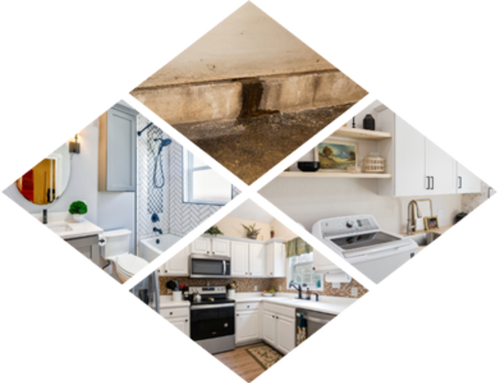 Collage with four images: a cracked wall with water damage, a modern bathroom with a large mirror undergoing assessment, a kitchen featuring white cabinets and stainless steel appliances, and a laundry area showcasing testing equipment next to the white washer and cabinetry.