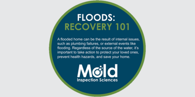 Circular graphic titled Floods: Recovery 101 with text explaining that flooded homes can result from internal or external issues. Emphasizing the importance of taking action—through thorough inspection and sampling—to protect loved ones and save homes. Features the Mold Inspection Sciences logo.