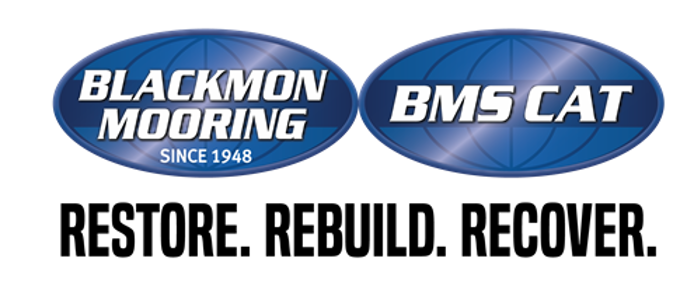 Two blue oval logos side by side. Left logo: BLACKMON MOORING SINCE 1948. Right logo: BMS CAT. Both feature a globe design in the background, symbolizing rigorous inspection and testing standards across the globe.