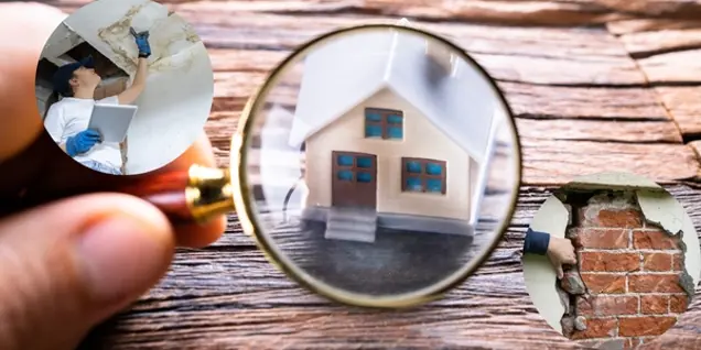 A hand holds a magnifying glass over a small model house on a wooden surface. Two inset circles show a person inspecting ceiling damage for mold and another examining cracked bricks, highlighting the importance of thorough home inspection.