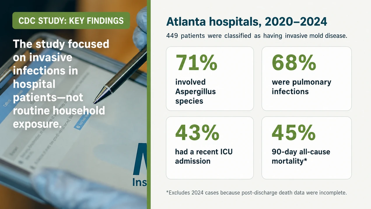 CDC invasive mold disease findings from four Atlanta hospitals, 2020–2024: 71% involved Aspergillus species, 68% were pulmonary infections, 43% had a recent ICU admission, and 45% 90-day all-cause mortality.