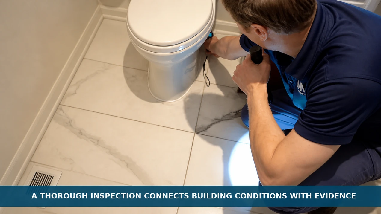Mold Inspection Sciences Texas inspector uses a flashlight to examine flooring beside a toilet during a mold and moisture inspection.