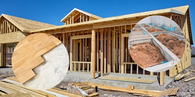 A house under construction with wooden framing exposed. Two circular insets show a close-up of wood flooring being installed and a concrete foundation with plumbing pipes, soil, and an inspection underway for mold.