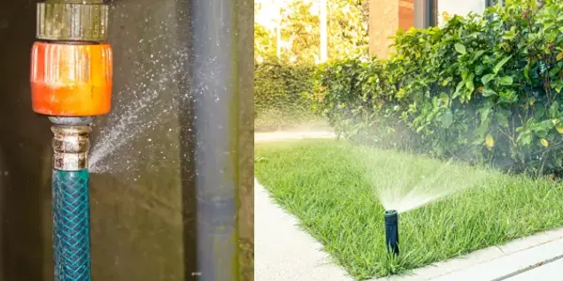 Close-up of a leaking garden hose connector on the left, suggesting the need for testing; on the right, a sprinkler waters a green lawn next to a hedge and building under bright sunlight.