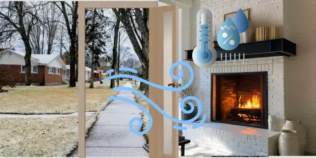 A living room with a lit fireplace, an open door letting in cold wind, and icons of a thermometer, water droplet, and wind, suggesting an assessment or investigation of cold air and moisture entering from outside.