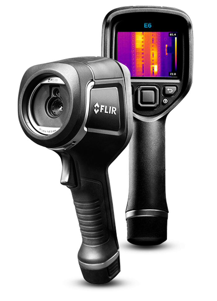 Two handheld FLIR thermal imaging cameras are shown. The device on the left displays a lens, while the device on the right shows a screen with a thermal image in various colors, perfect for conducting thorough investigations or assessments.