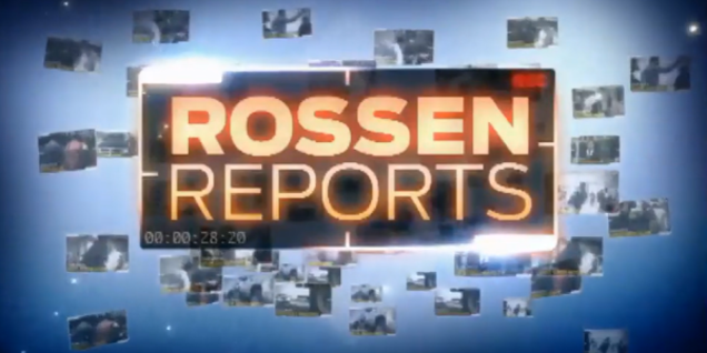 A collage of small, blurred images surrounds the bold, illuminated text ROSSEN REPORTS set against a dark background. A timestamp 00:00:28:20 is visible below the text, hinting at a meticulous investigation underway.