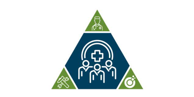 A triangular infographic features a central blue triangle displaying a medical cross and people. Green triangles surround it: one with a doctor icon, another with tools, and one depicting testing through a circular symbol.
