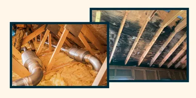 Two images of attic spaces: the left shows insulated ducts and yellow insulation, while the right highlights wooden beams and roofing blackened by moisture or mold, indicating a need for professional assessment.