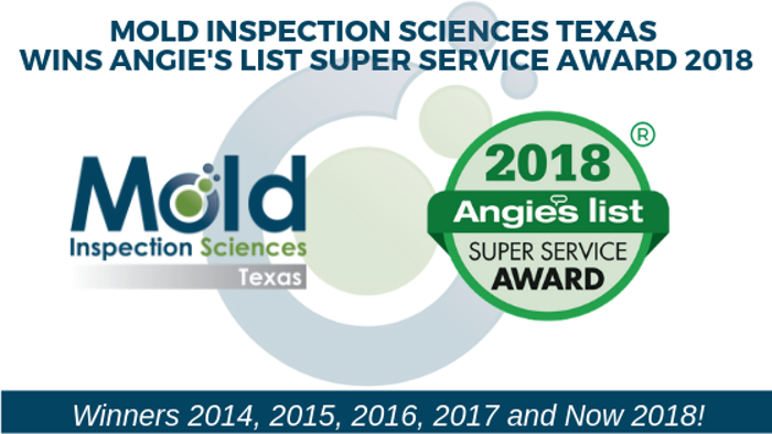 Logo for Mold Inspection Sciences Texas, highlighting their 2018 Angie's List Super Service Award win. The design subtly incorporates themes of investigation and testing, while also celebrating past awards from 2014 to 2017.