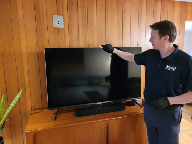 A person in a dark blue uniform with gloves is meticulously assessing a flat-screen TV mounted on a wooden-paneled wall. Nearby, a small potted plant rests on the wooden surface, adding a touch of greenery to the scene.