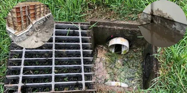 Close-up of a storm drain cover on grass with a pipe leading into it; two inset images show a concrete foundation with wooden forms and a damp, moldy basement wall, highlighting areas for assessment and investigation of water damage.