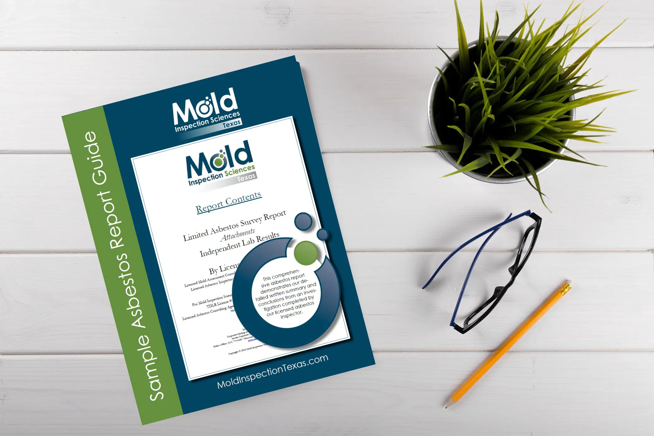 A Mold Inspection Sciences Texas report on a table, accompanied by a plant, pen, and glasses, details the meticulous assessment process. The mostly white cover with blue and green accents is titled Sample Asbestos Report Guide.
