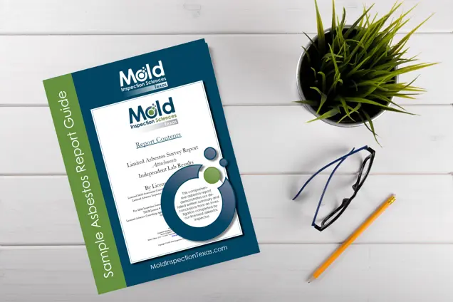 A Mold Inspection Sciences Texas report on a table, accompanied by a plant, pen, and glasses, details the meticulous assessment process. The mostly white cover with blue and green accents is titled Sample Asbestos Report Guide.