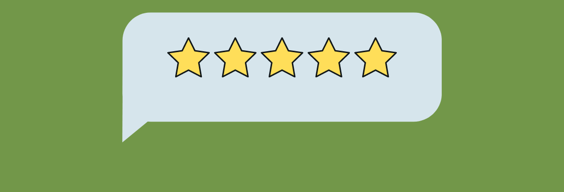 A light blue speech bubble, reminiscent of an assessment icon, contains five yellow stars displayed on a green background.