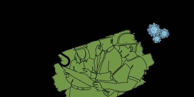Illustration of a police officer, a businessperson, and a construction worker, all wearing masks. They are assessing documents with virus icons nearby, symbolizing the impact of COVID-19 on various professions.