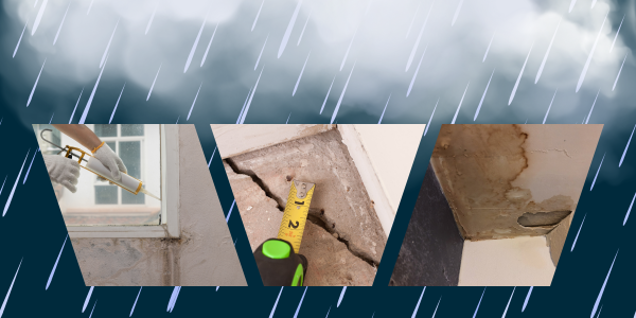 A split image shows home maintenance: Left, sealing window gaps; Center, measuring foundation cracks with a tape measure; Right, inspecting a water-damaged ceiling for signs of mold. Falling rain in the background highlights the weather's impact.