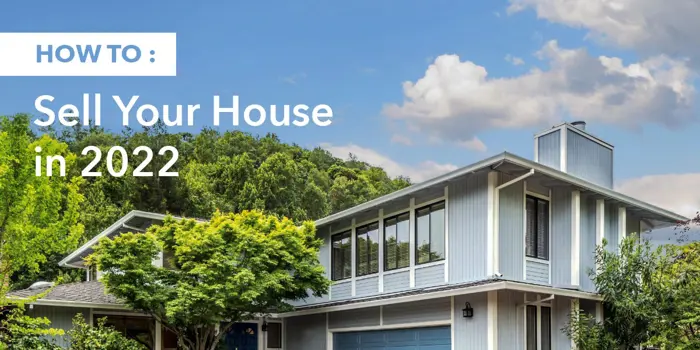 A modern two-story house with large windows and a blue garage, surrounded by lush greenery. The sky is partly cloudy. The text overlay reads, How To: Sell Your House in 2022, emphasizing the importance of inspection to maximize value.