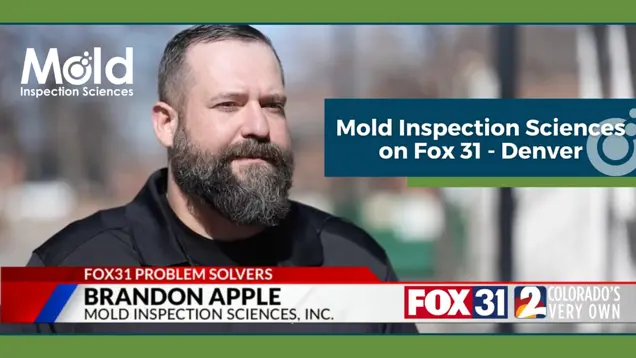 A bearded man stands outdoors in a black shirt with a logo. The text reads, "Mold Inspection Sciences on Fox 31 - Denver," highlighting Brandon Apple as part of the Fox 31 Problem Solvers team. His expertise in mold inspection and sampling is featured in the segment.
