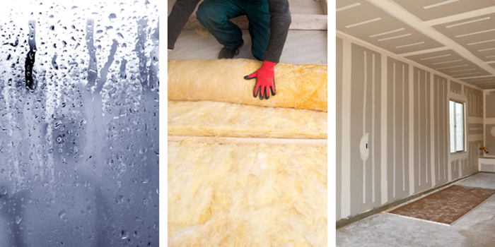 A triptych image: Left shows raindrops on a window, center captures hands installing yellow insulation with care to prevent mold, and right reveals an unfinished room with drywall on walls and ceiling awaiting thorough assessment.