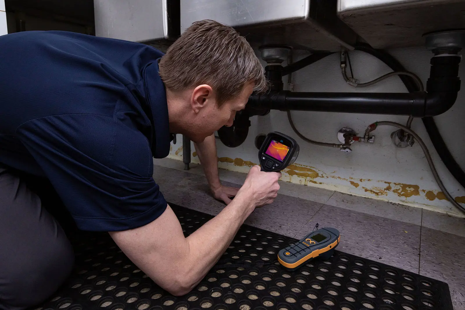 A person crouches on a rubber mat, conducting an investigation with a thermal imaging device to assess pipes under the sink. Dressed in a dark shirt, they are focused on the area where exposed pipes and the wall are visible.