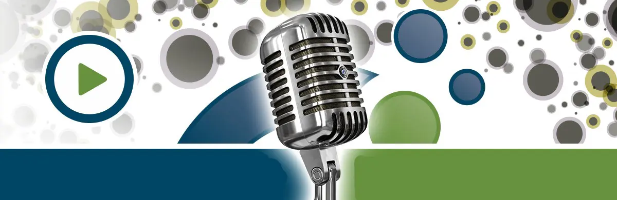 A retro microphone is centered against a background of overlapping circles in blue, green, and gray, evoking an air of investigation. To the left, a play button icon suggests exploration. The bottom is divided into blue and green sections.