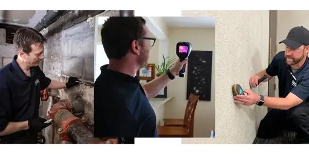 Three images of technicians: one investigates pipes, another uses a thermal camera to check a wall for mold, and a third uses a handheld device on a wall, all performing building inspections.