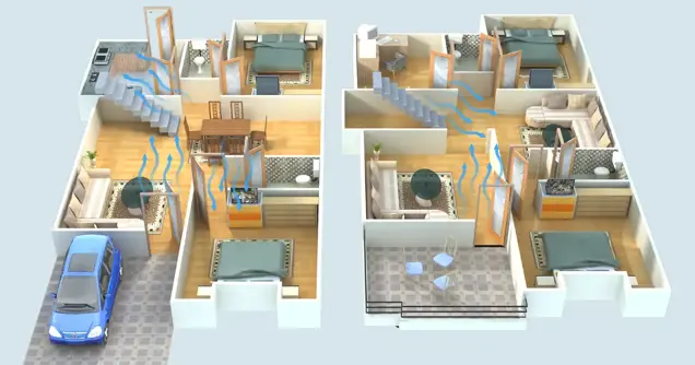 Two 3D floor plans are shown side by side, illustrating airflow through open doors and windows in a two-story house. Blue arrows indicate how fresh air circulates throughout the rooms, aiding in airflow testing. A blue car is parked outside.