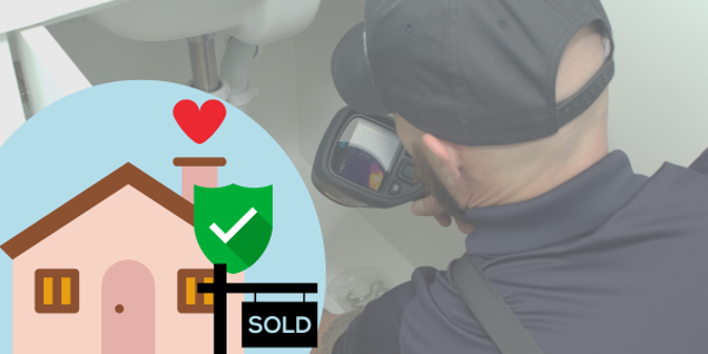 A man inspects plumbing under a sink using a device. An overlay graphic features a house with a heart, shield with a check mark, and SOLD sign, illustrating themes of home assessment or real estate.