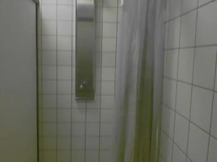 A small bathroom shower with white tiled walls and a metal shower panel offers a serene space for assessment. A semi-transparent shower curtain is partially drawn on the right side, inviting further investigation into its quiet charm.