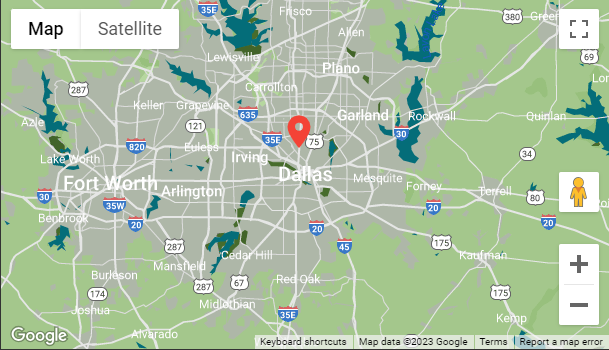 A map displaying the Dallas-Fort Worth area highlights highways and surrounding cities, with a red location pin near the center of Dallas. Perfect for planning an inspection route or sampling sites for efficiency.