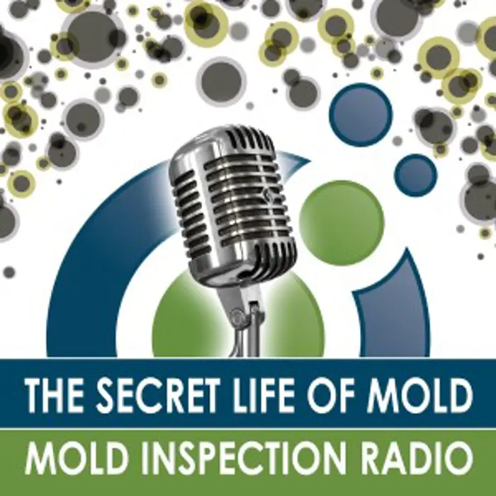 A vintage microphone is surrounded by gray and green circles. The text reads, "The Secret Life of Mold: A Sampling Investigation on Mold Inspection Radio.