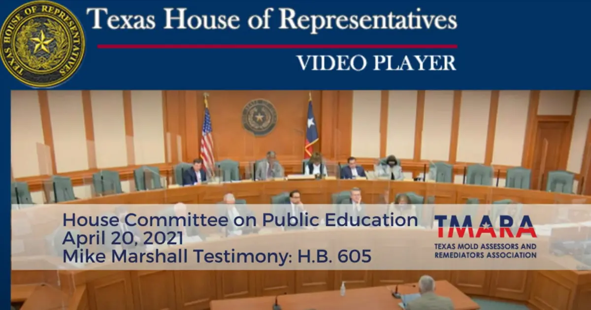 A screenshot from a video player shows the Texas House of Representatives chamber, dated April 20, 2021. The session focuses on the House Committee on Public Education's assessment. The TMARA logo is visible in the corner.