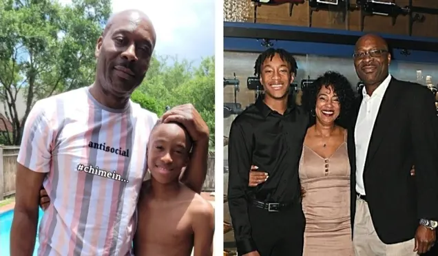Left image: A man wearing a striped shirt with "antisocial" holds a young boy in front of a pool. Right image: A woman and a young man, both smiling, stand between two men after an inspection. All are dressed in semi-formal attire, standing indoors.
