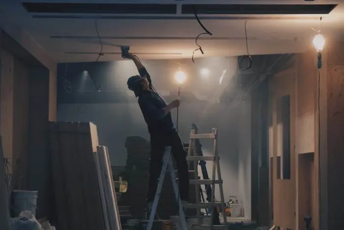 A person on a ladder conducts an inspection of the ceiling in a dimly lit construction site. Hanging wires and wooden planks clutter the scene, while a single light bulb casts an eerie glow, setting the stage for potential mold investigation.
