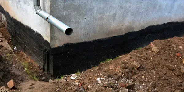 A building foundation with a black waterproofing layer along the base of the exterior wall, a metal drainage pipe protruding, and a pile of soil in the foreground, ready for mold assessment or sampling.