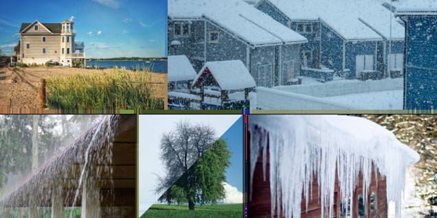 A collage of various seasons: a beach house under a clear sky, a snowy neighborhood, rain sampling from a roof, a tree in spring bloom, and icicles hanging from an edge—capturing summer, winter, fall, spring, and winter respectively.