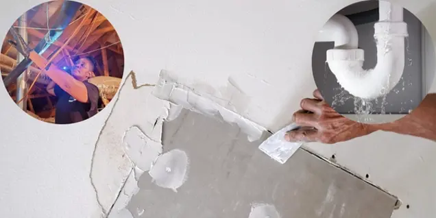 A person repairs a damaged wall with a putty knife. Two inset images show a plumber conducting an inspection of pipes and a leaking drain pipe with water spilling out.