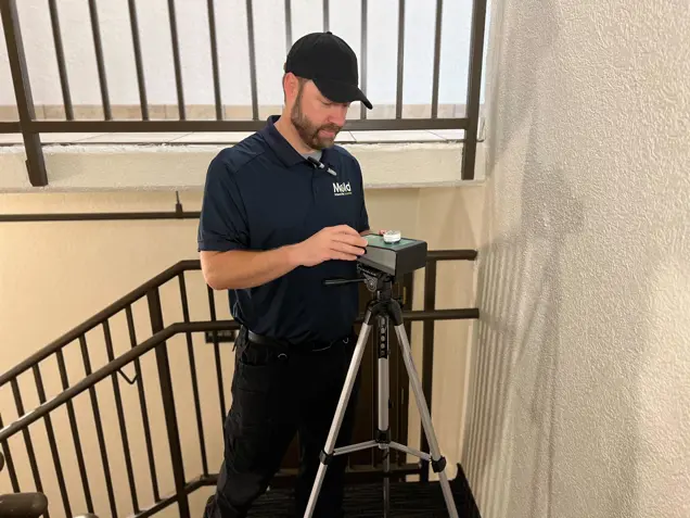 A man in a blue shirt and black cap conducts an inspection as he adjusts equipment on a tripod in the stairwell. The setting, marked by beige walls and metal railings, suggests a thorough testing process is underway.