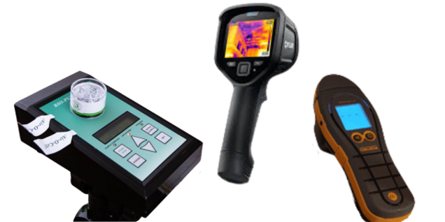 Three different handheld inspection devices: a green digital meter with labeled vials, a black infrared thermal imaging camera displaying a colorful screen, and a yellow and black moisture meter—ideal for mold investigation.