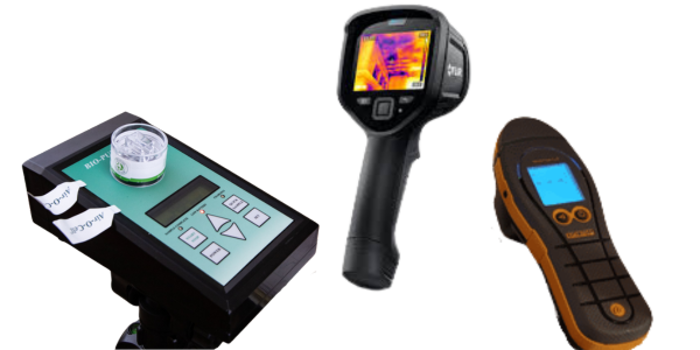 Three different handheld inspection devices: a green digital meter with labeled vials, a black infrared thermal imaging camera displaying a colorful screen, and a yellow and black moisture meter—ideal for mold investigation.