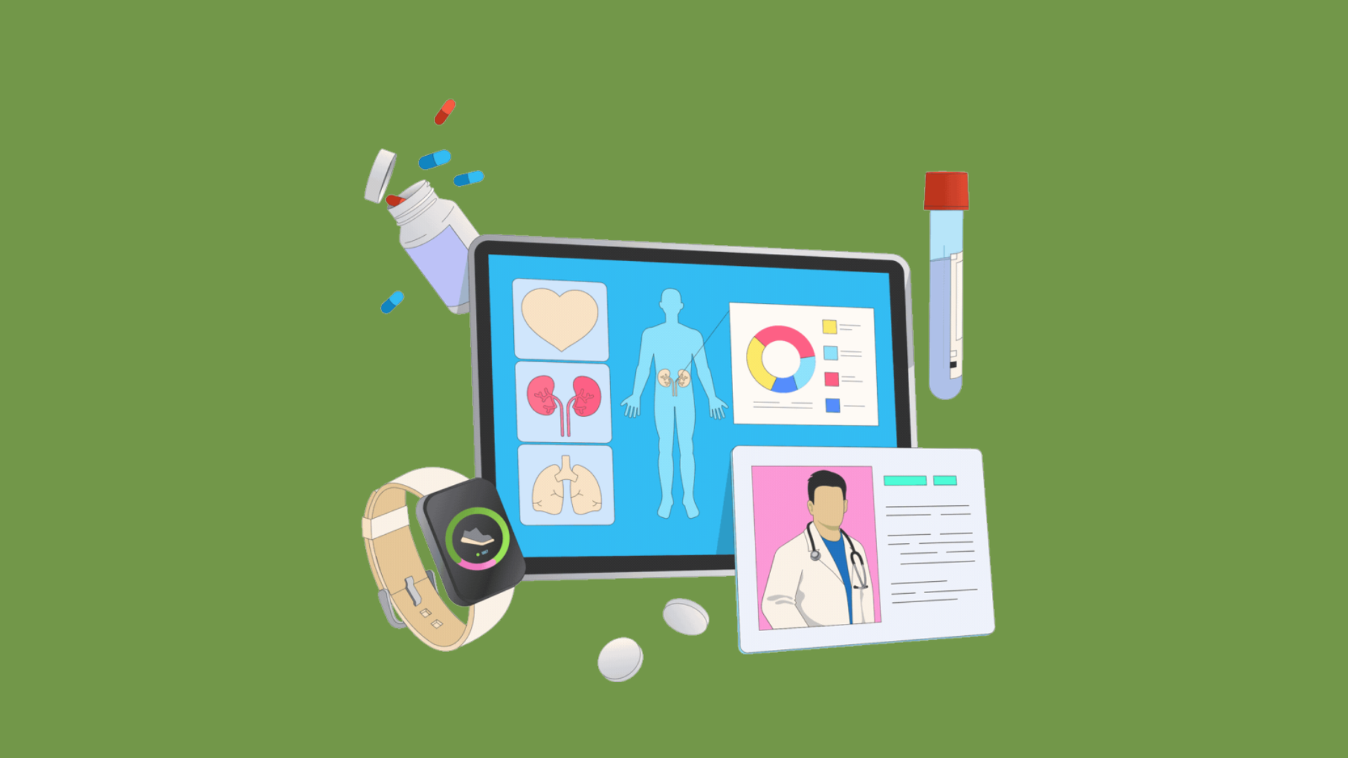 Illustration of a tablet displaying medical data, a smartwatch, medicine bottle with pills, a test tube for testing, and a doctor’s profile on a green background, representing digital healthcare and technology.